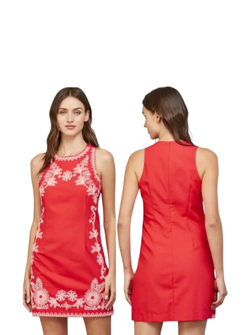Fate Arden Linen Blend Red White Embroidered Sleeveless Mini Dress